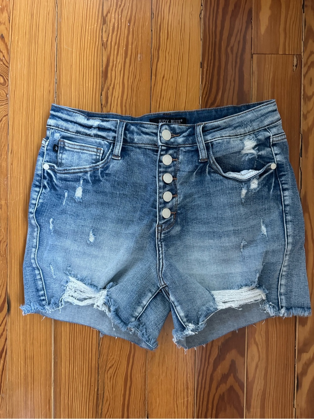 Judy Blue Distressed Button-Front Denim Shorts